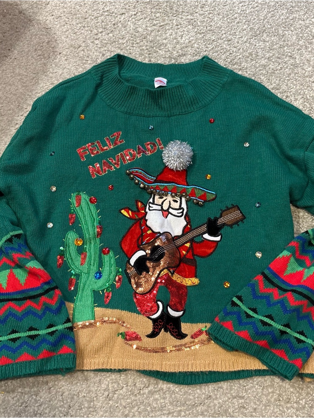 Feliz Navidad Ugly Christmas Sweater Large Santa Sombrero Green Red